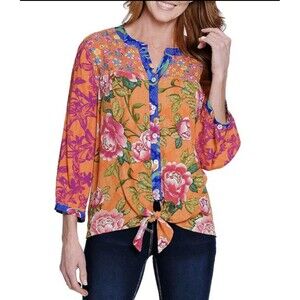 Ali Miles Blouse Womens 2X Orange Pink Floral Tie Front V Neck Popover Artsy NWT